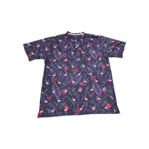 Greater Half Polo Shirt Mens 2XL Purple Flamingos Print Stretch Short Sleeve - Picture 1 of 7